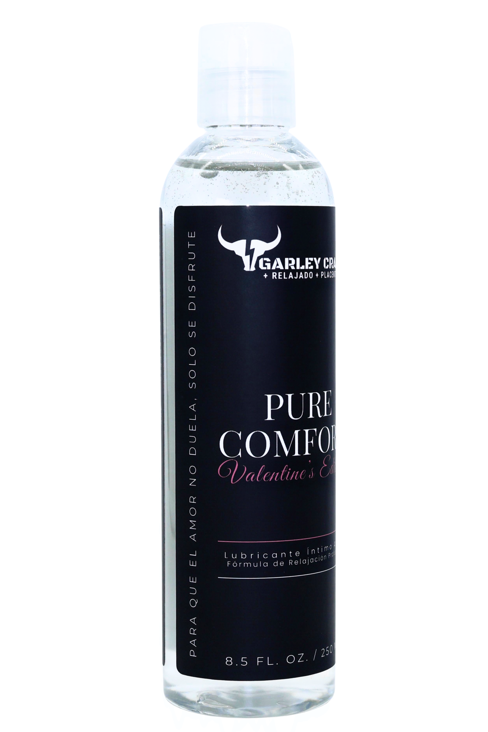 Lubricante intimo anal Garley Crazy Pure Comfort Valentine Edition 250ml efecto relajante. lateral fondo blanco.