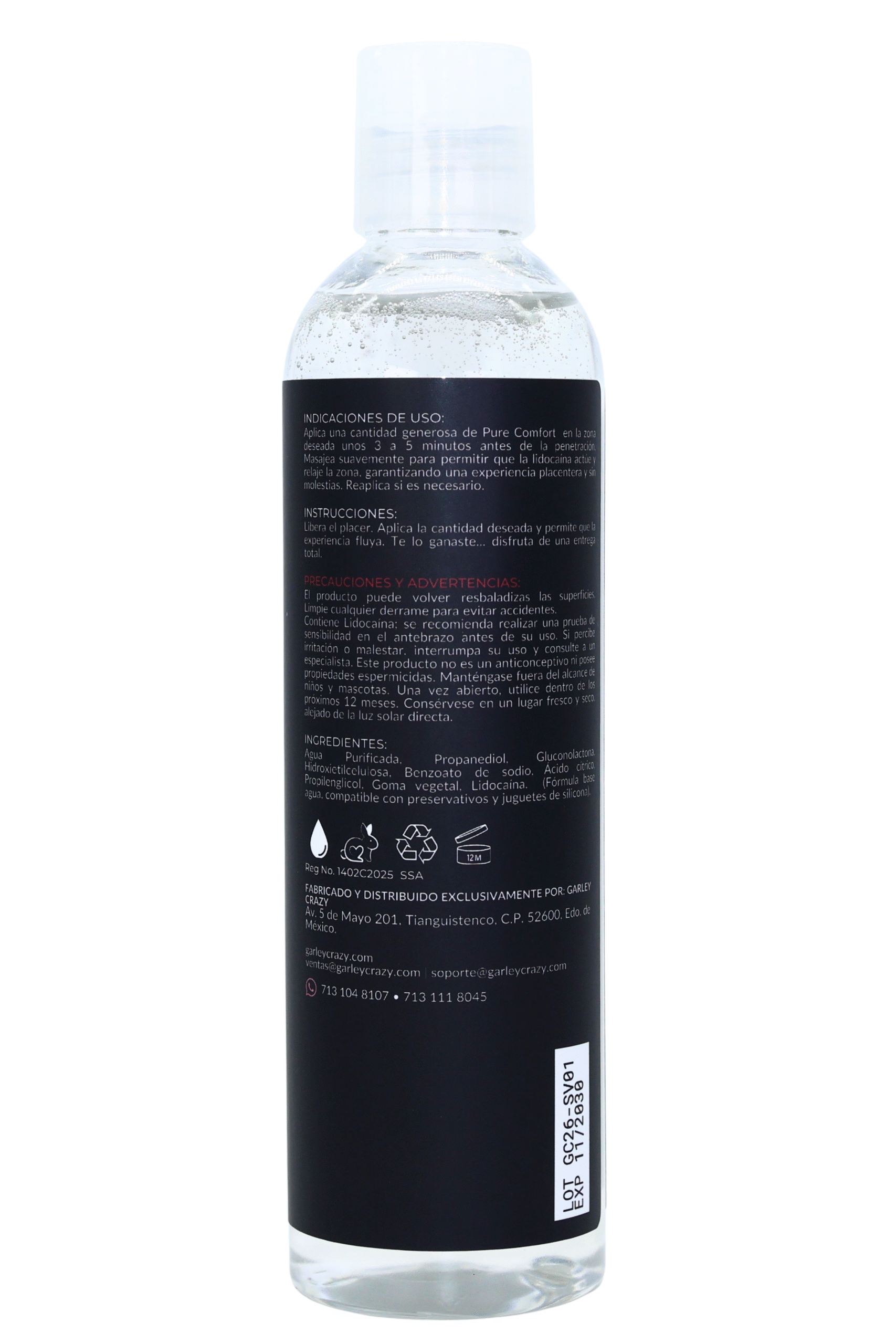 Lubricante anal Garley Crazy Pure Comfort Valentine Edition 250ml efecto relajante fondo blanco.