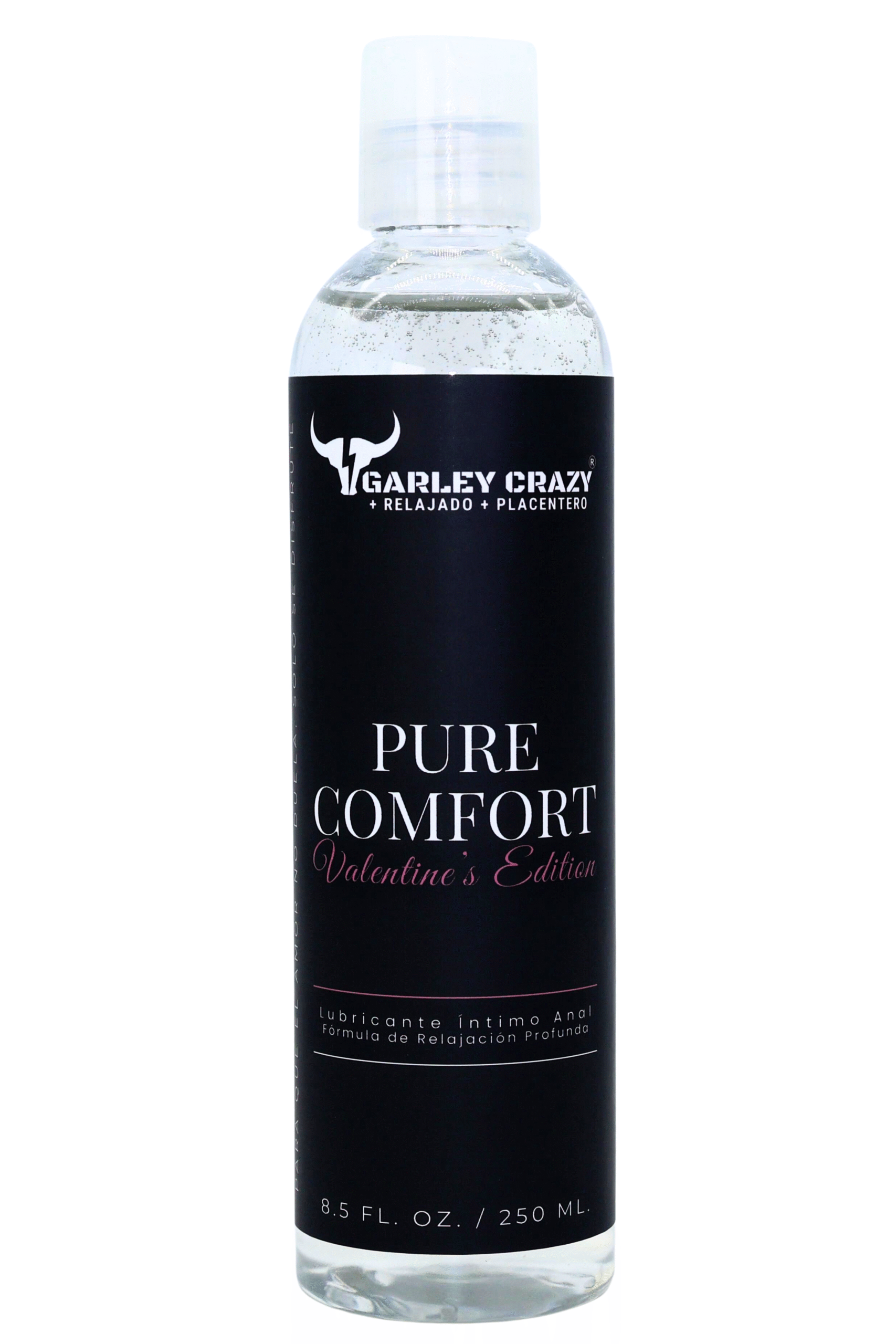 Lubricante intimo anal Garley Crazy Pure Comfort Valentine Edition 250ml efecto relajante fondo blanco.